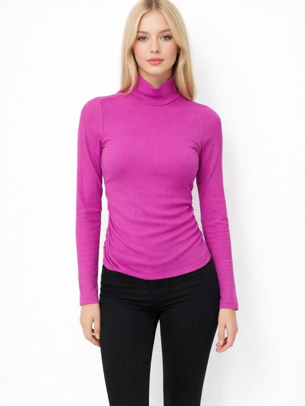 2/$30 J. Crew Ruched Ribbed Long-sleeve Turtleneck Sweater Fuchsia XS #A1810